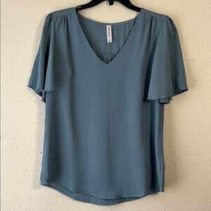 Zenana Dusty Teal V-Neck Flutter Sleeve  Blouse